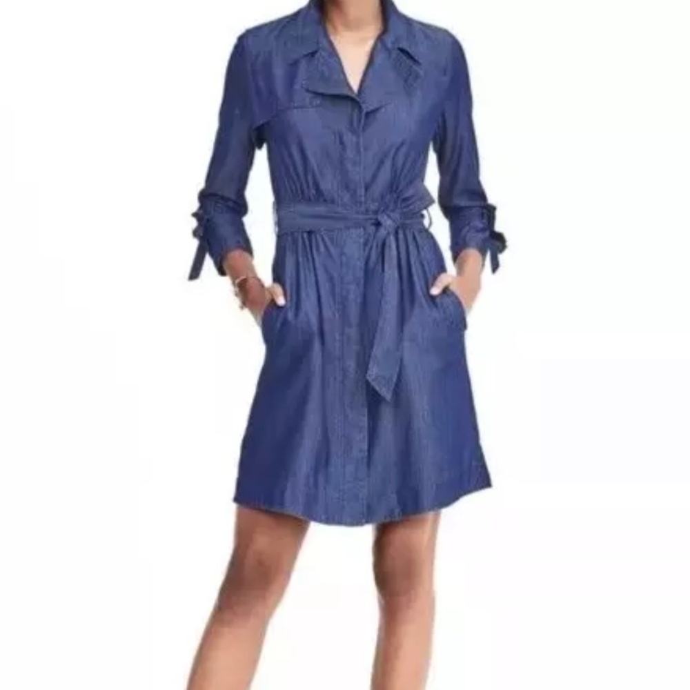 Banana Republic Mini Trench Dress Women's Size 4 Chambray Pockets Casual City
